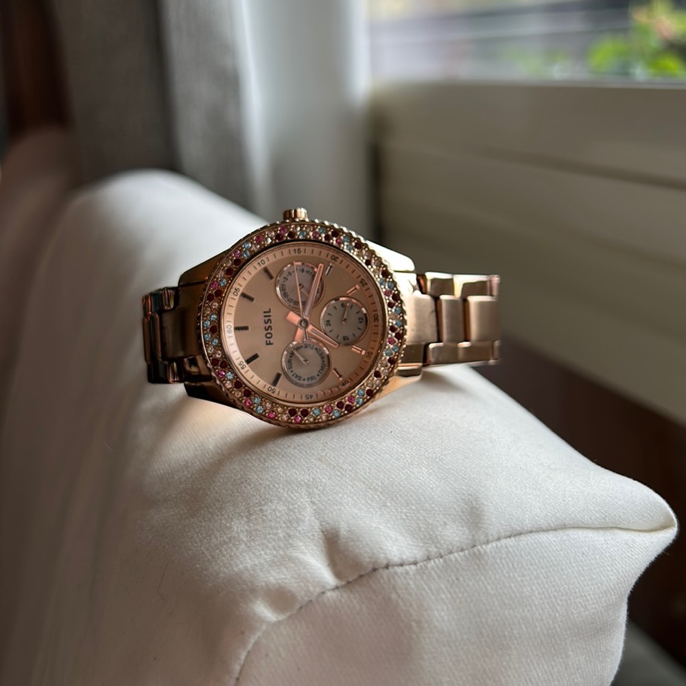 Fossil Stella watch, rose gold with multi colour crystals